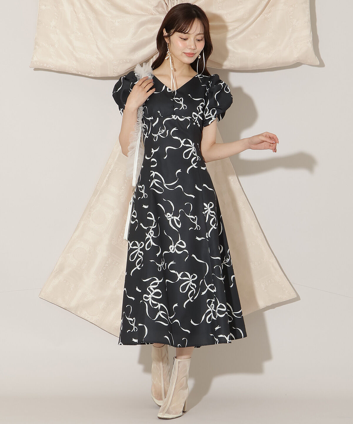 WILLSELECTION「リボンプリントバブルスリーブフレアワンピース」|ワンピース|ブラック