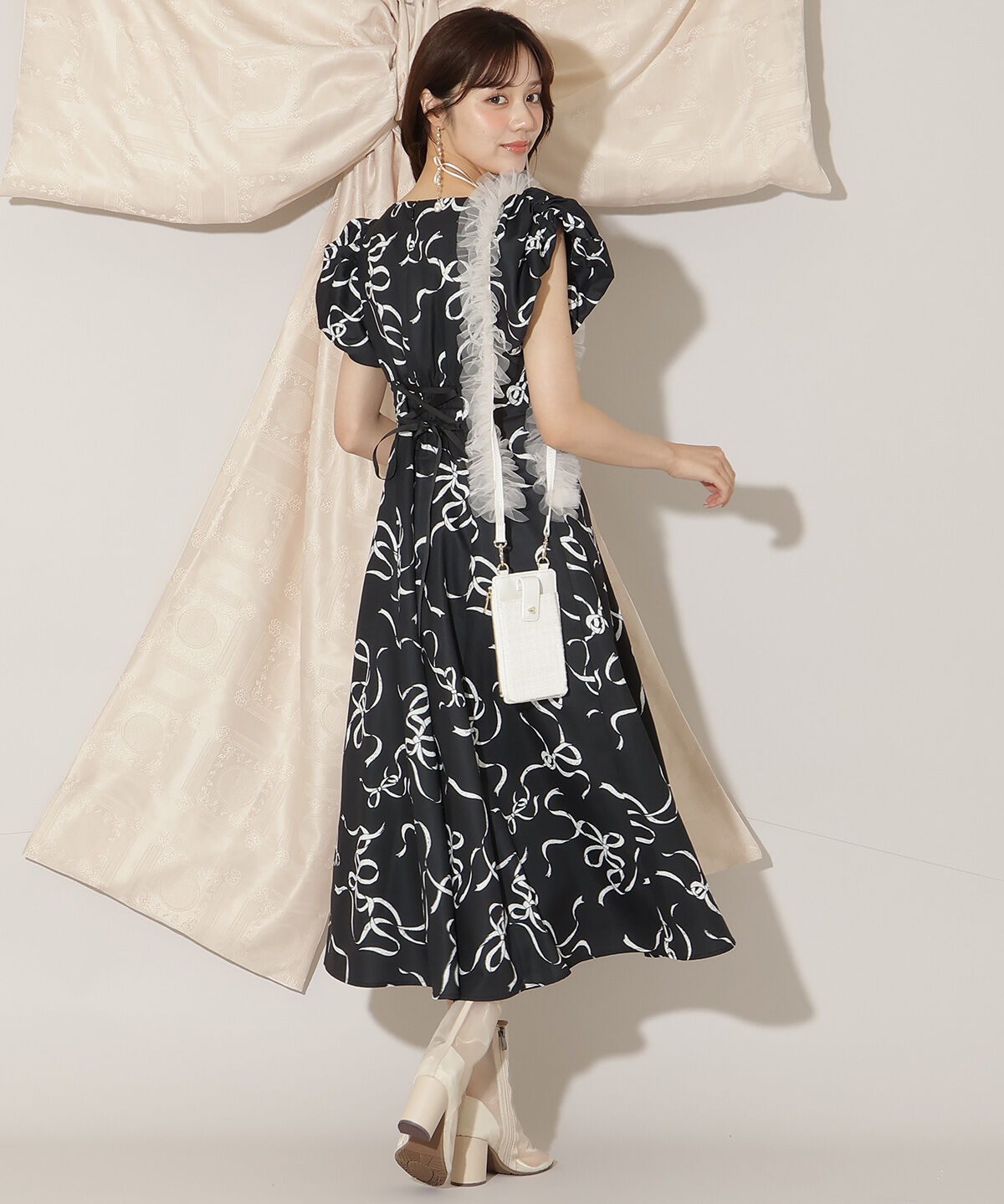 WILLSELECTION「リボンプリントバブルスリーブフレアワンピース」|ワンピース|