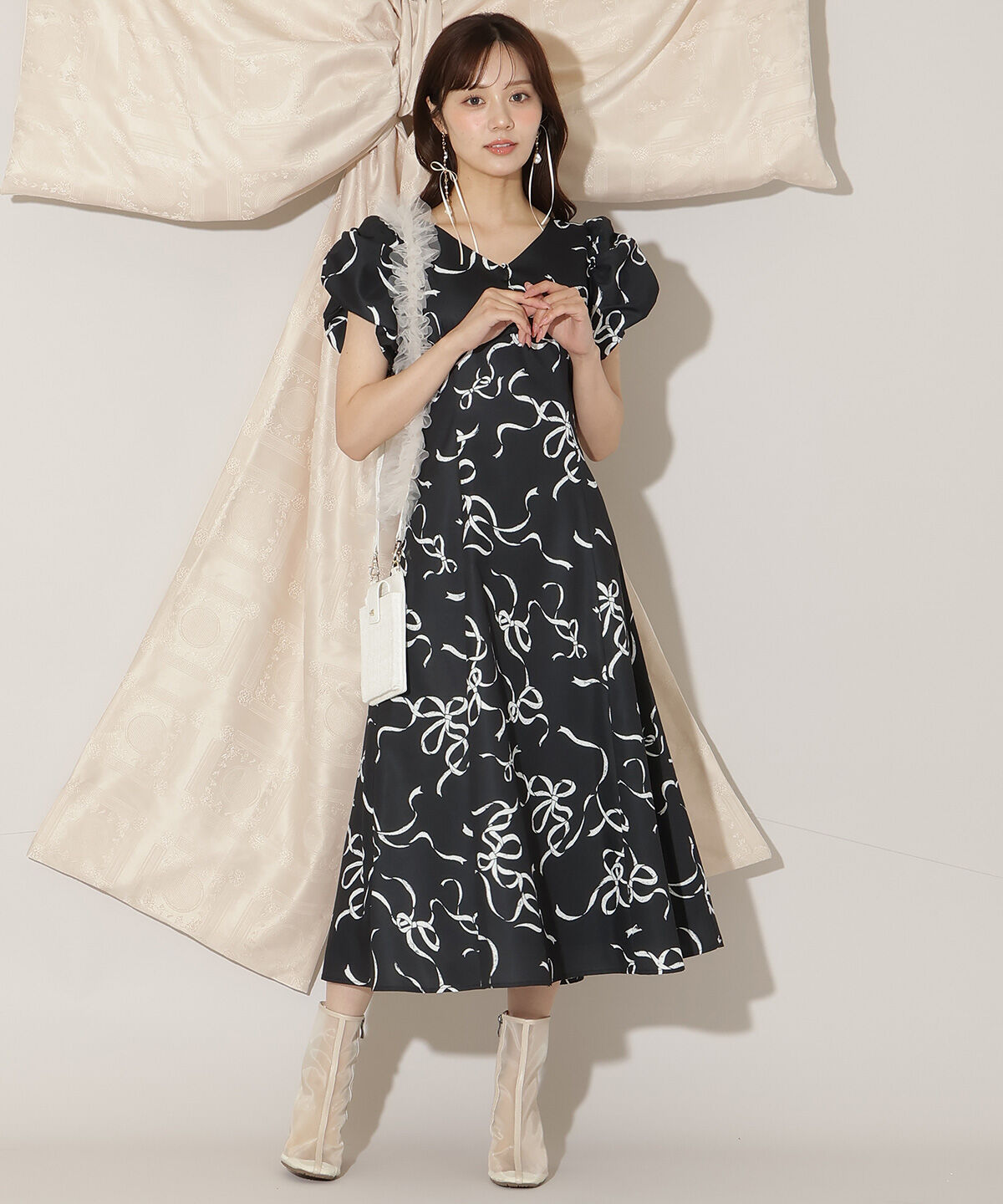 WILLSELECTION「リボンプリントバブルスリーブフレアワンピース」|ワンピース|