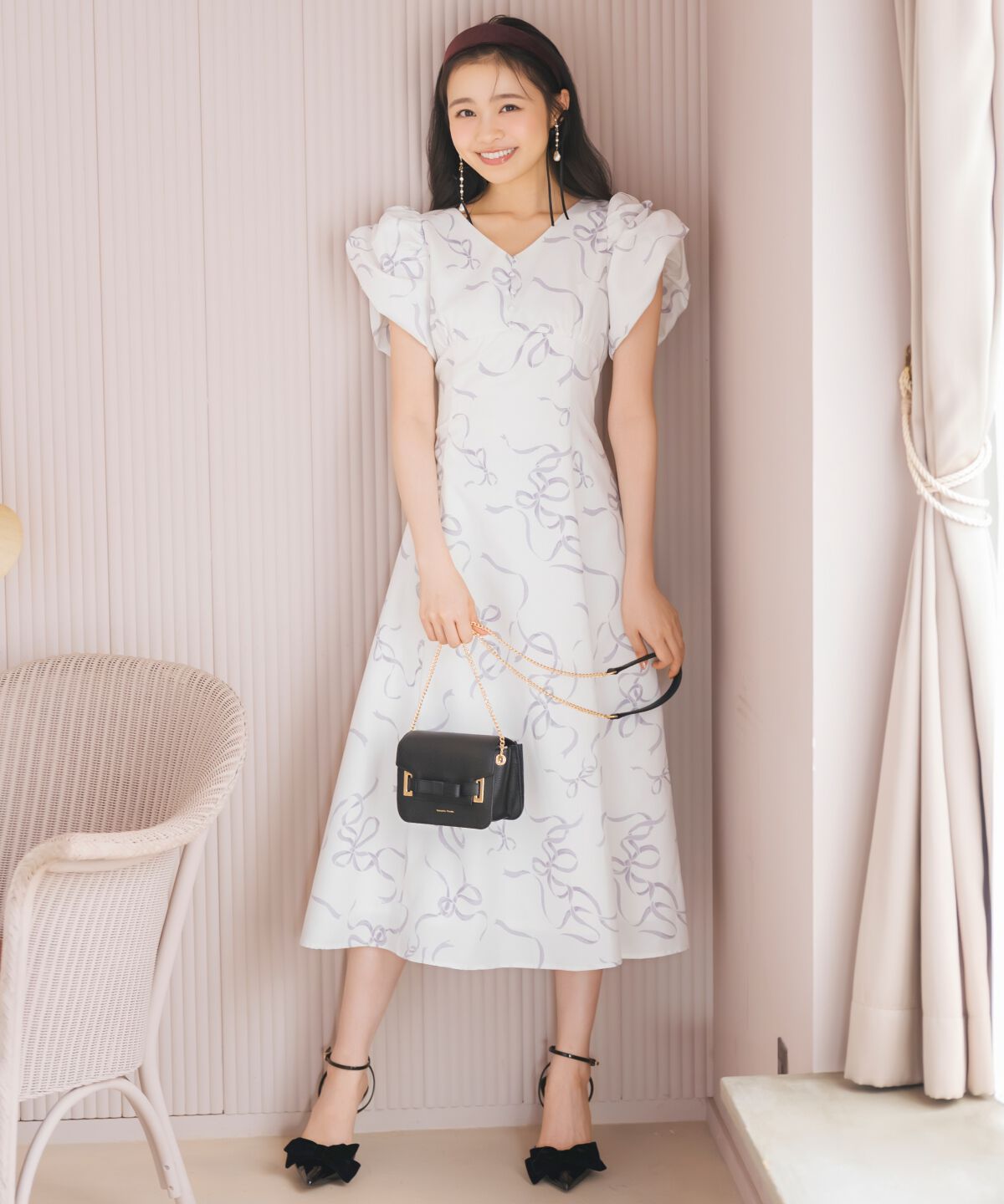 WILLSELECTION「リボンプリントバブルスリーブフレアワンピース」|ワンピース|