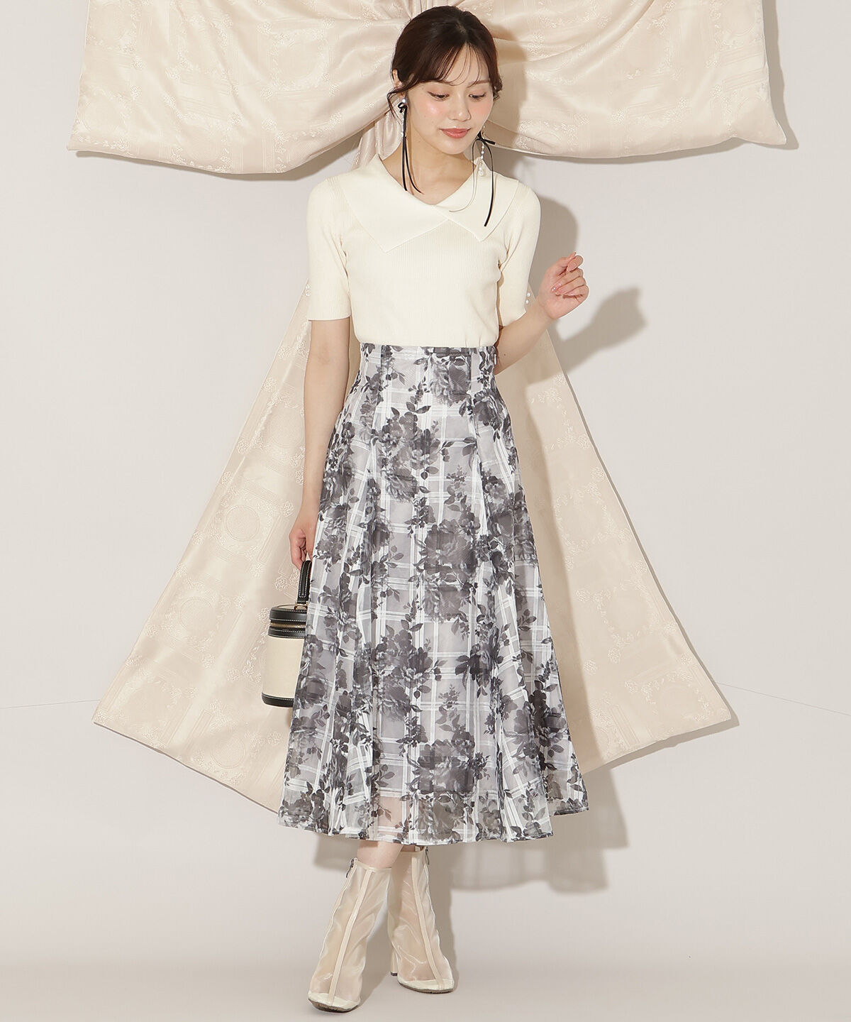 WILLSELECTION「モノトーンフラワーオーガンジーフレアスカート」|フレア|