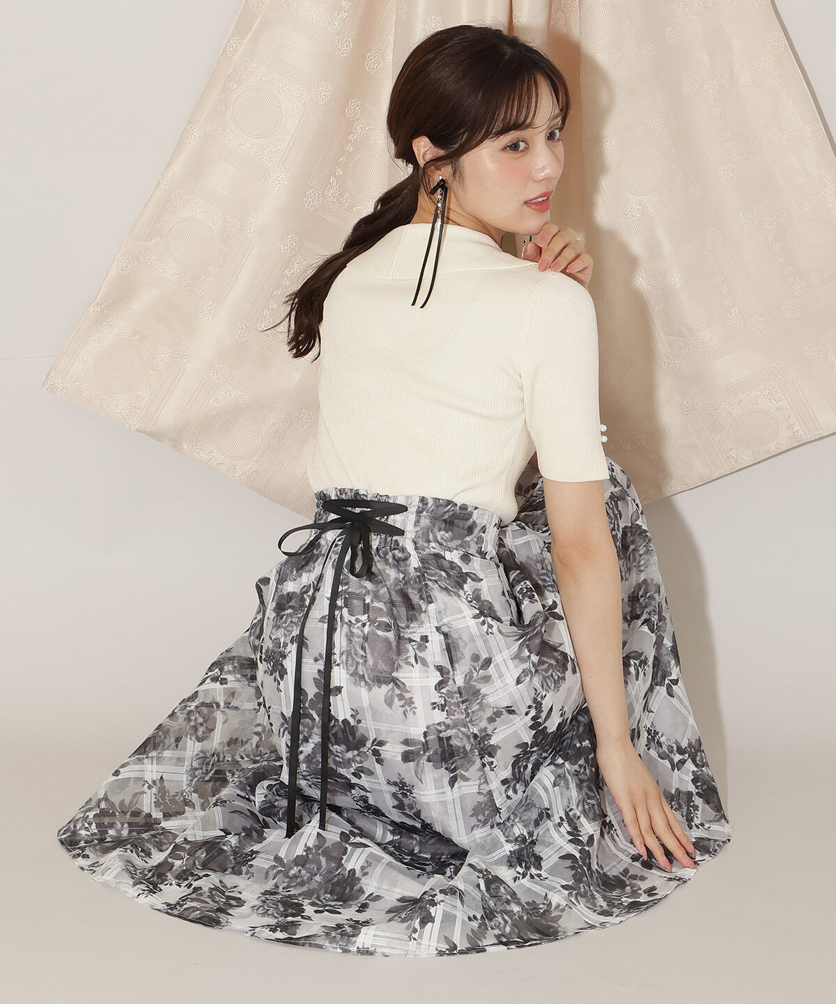 WILLSELECTION「モノトーンフラワーオーガンジーフレアスカート」|フレア|