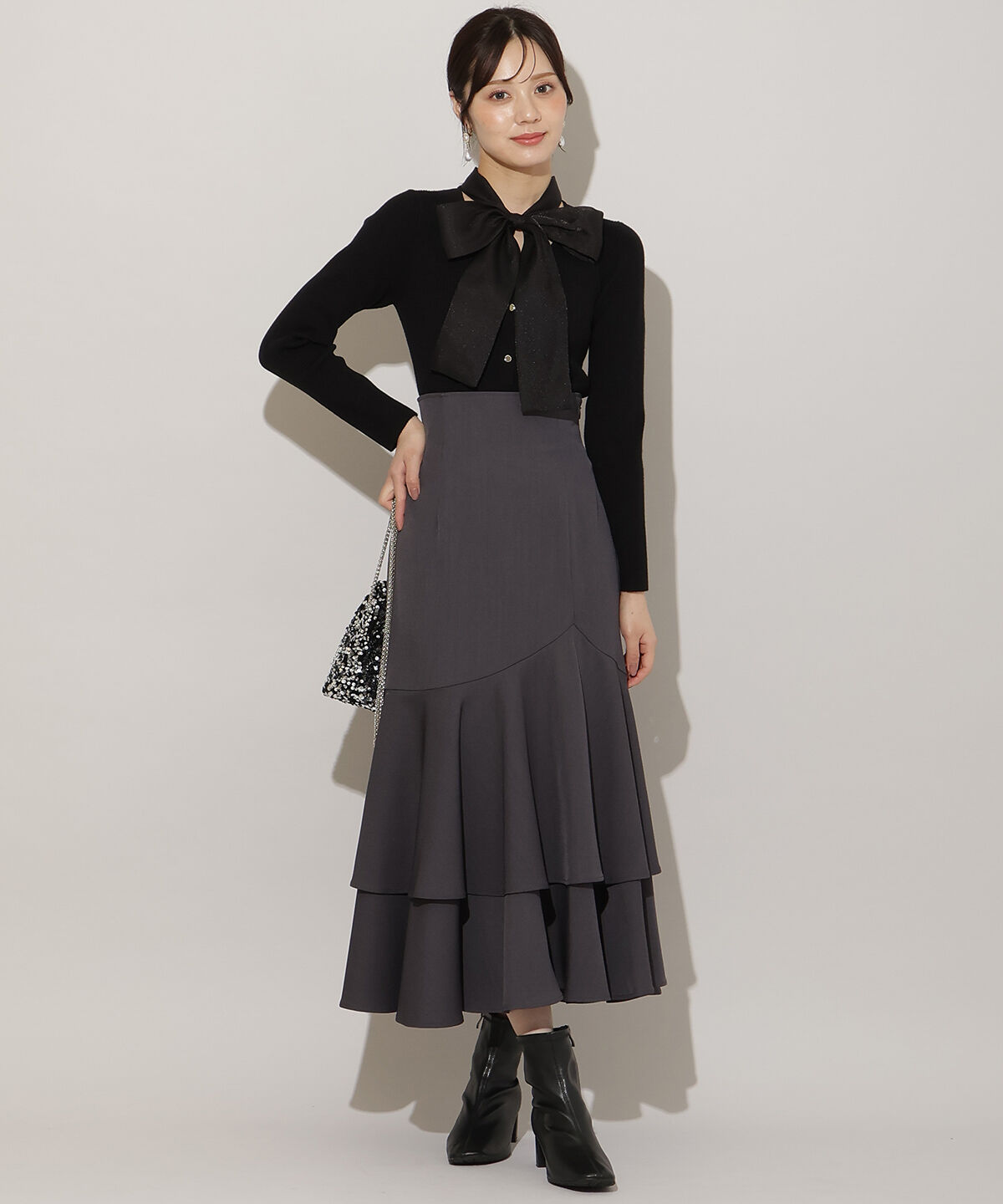 WILLSELECTION「ボリュームヘムティアードスカート」|フレア|ﾁｬｺｰﾙｸﾞﾚｰ