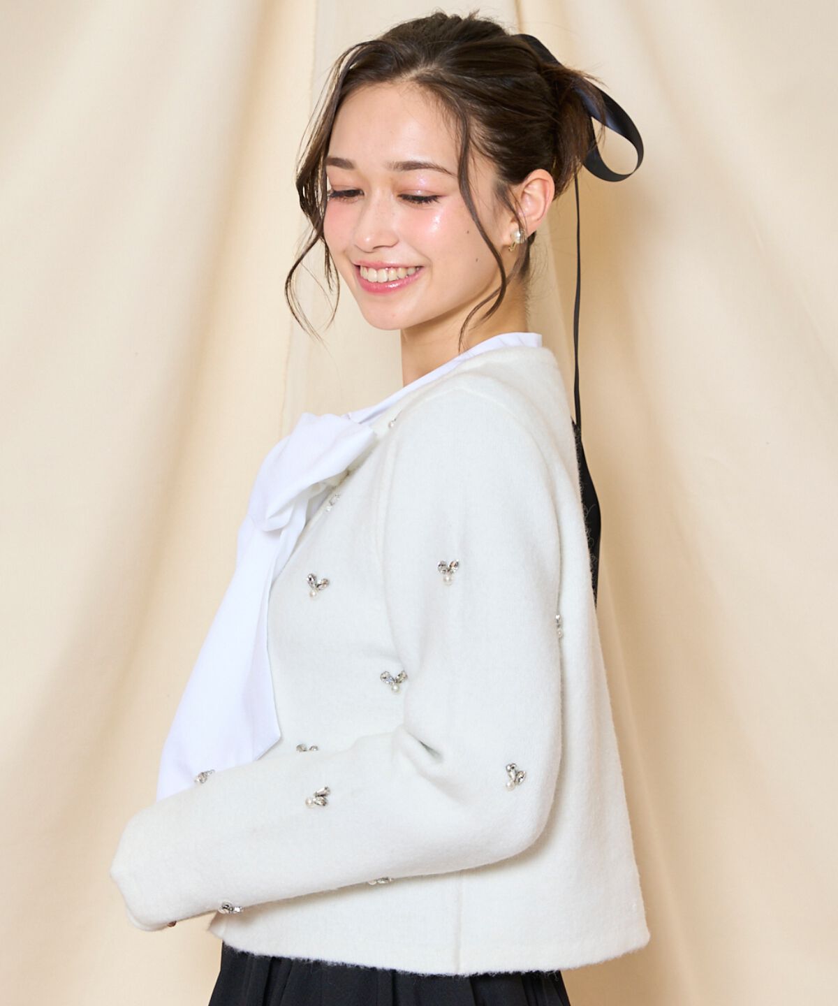 WILLSELECTION「ノーカラービジューニットジャケット」|カーディガン|