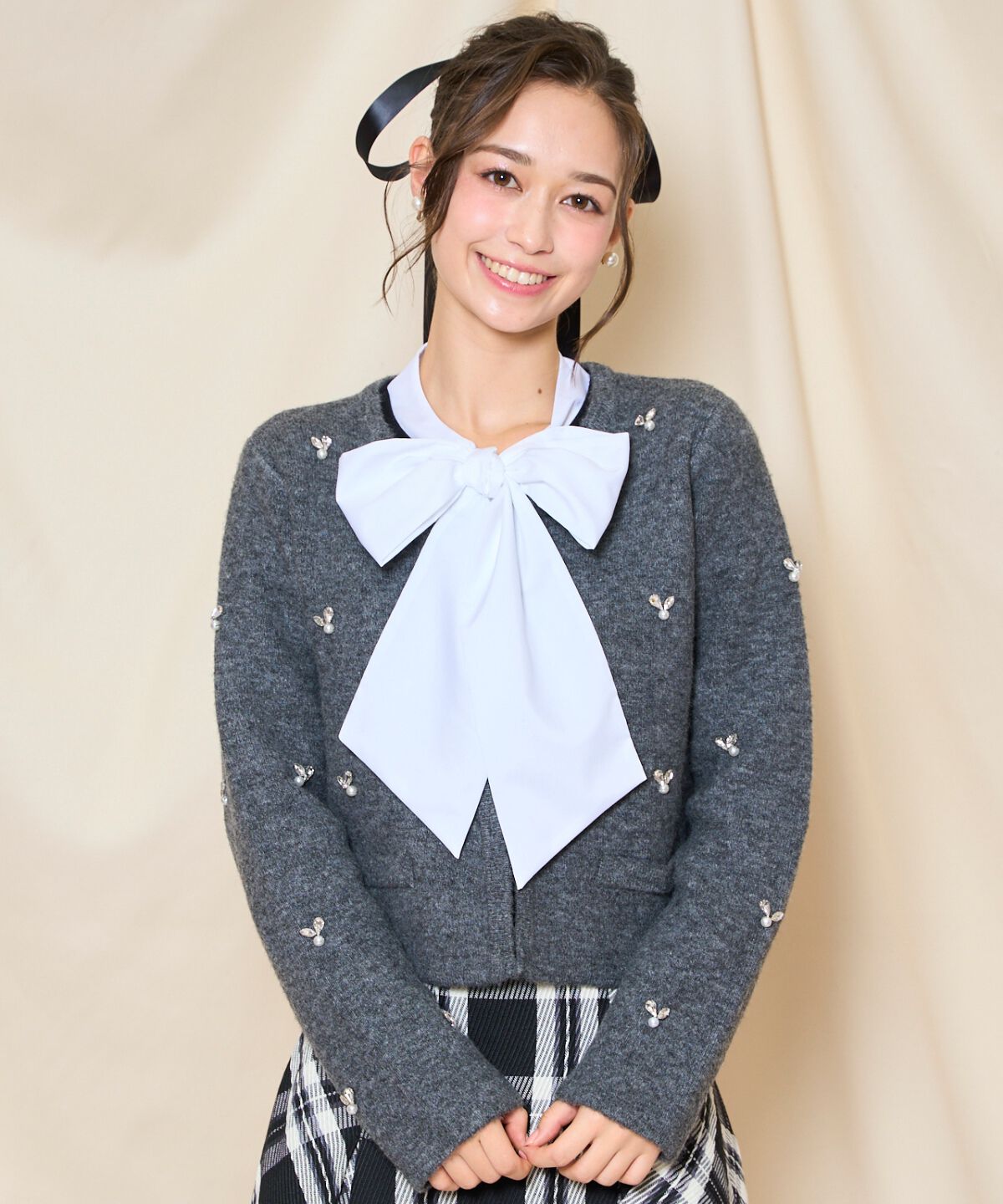 WILLSELECTION「ノーカラービジューニットジャケット」|カーディガン|ﾁｬｺｰﾙｸﾞﾚｰ