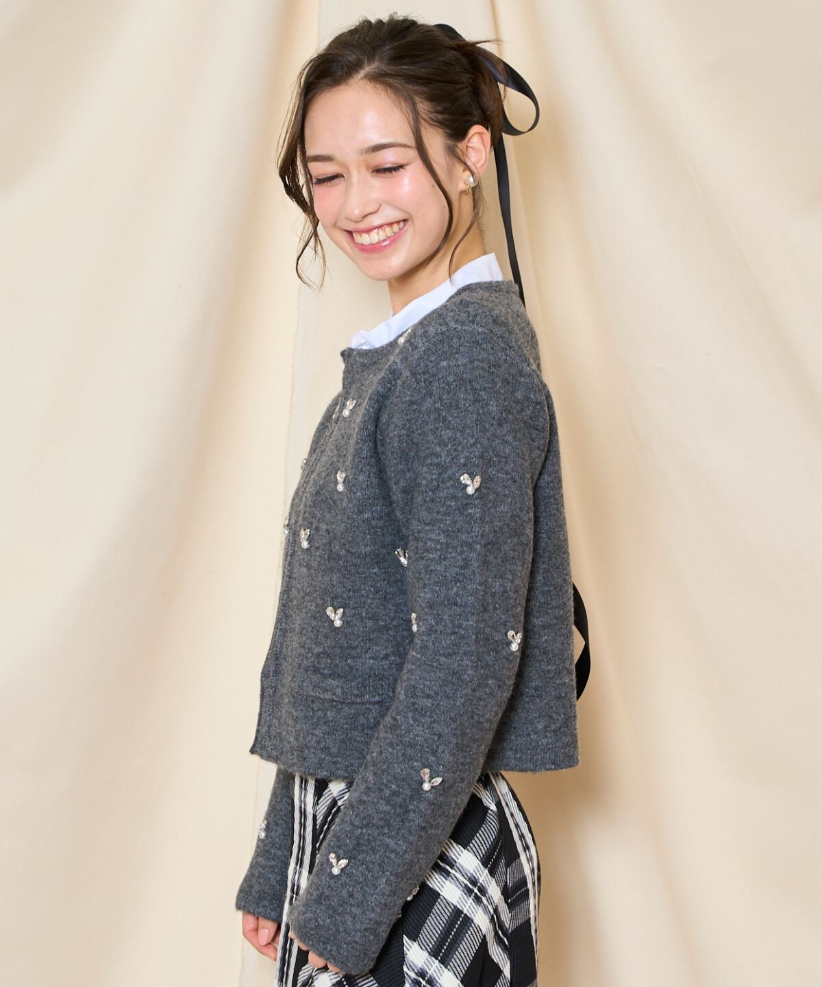 WILLSELECTION「ノーカラービジューニットジャケット」|カーディガン|