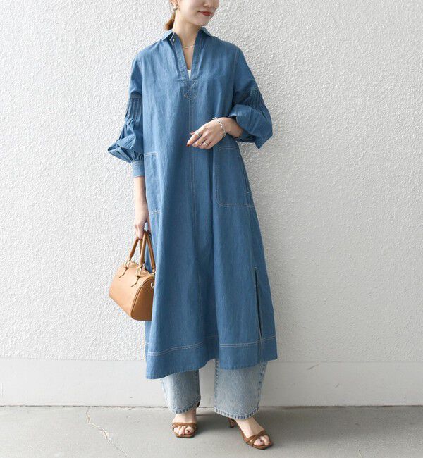 SHIPS any「SHIPS any: ライトオンス デニム オープンカラー テントライン ワンピース」|ワンピース|