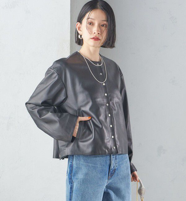 SHIPS for women「SHEEP レザー ノーカラー ブルゾン」|ノーカラージャケット|