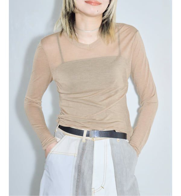  「ASHER SASKIA LONGSLEEVE MICRO V L266-J134：Tシャツ」|Tシャツ・カットソー|ベージュ