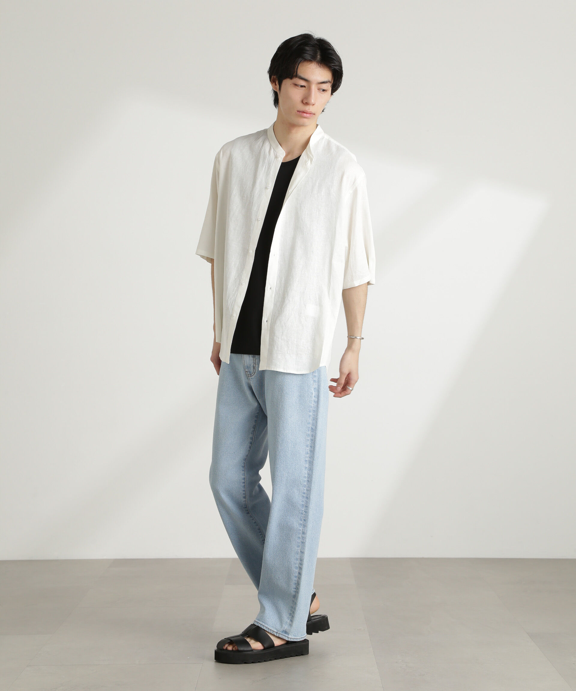 nano･universe「アンチスメルリネン バンドカラーシャツ 半袖」|シャツ・ブラウス|