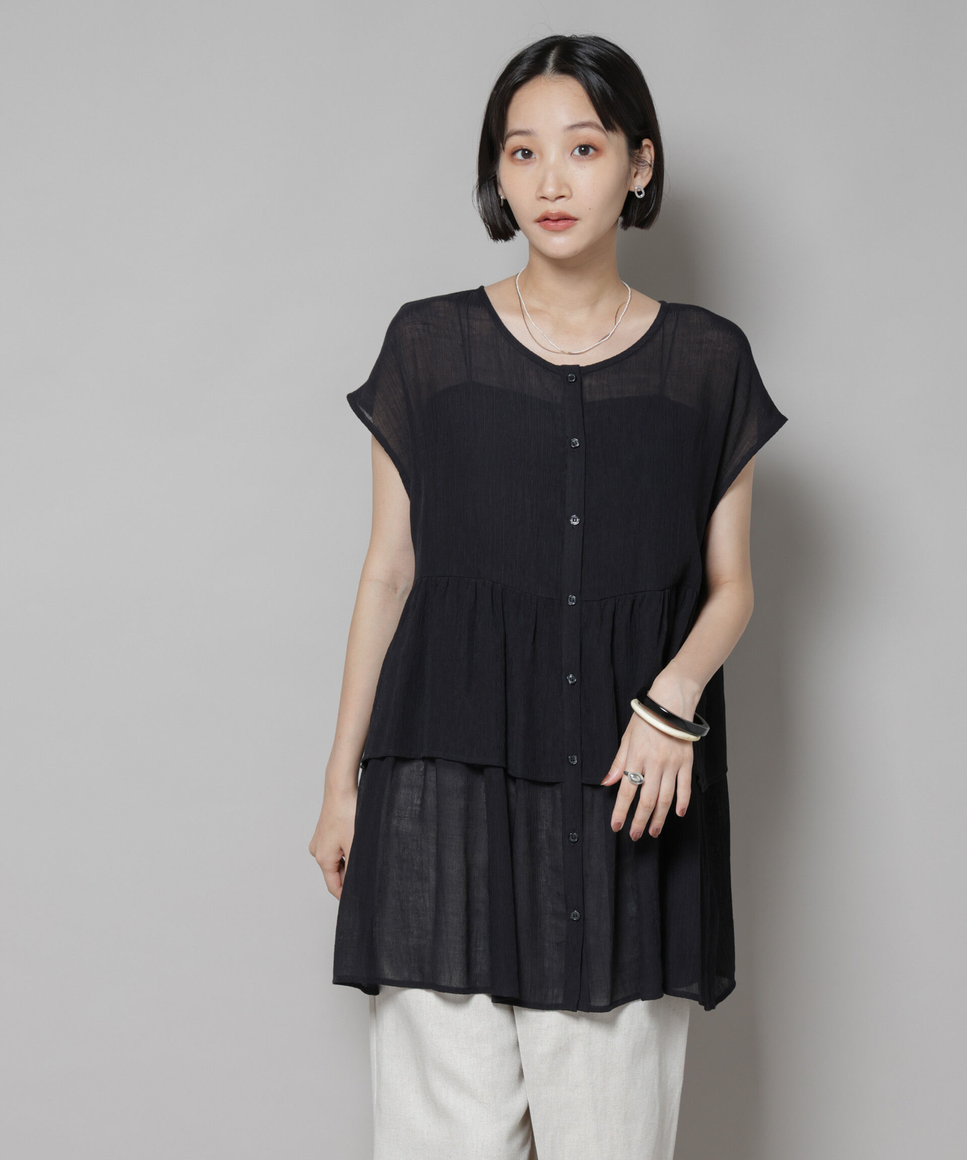 nano･universe「前後2wayシアー楊柳ノースリーブティアードブラウス」|シャツ・ブラウス|