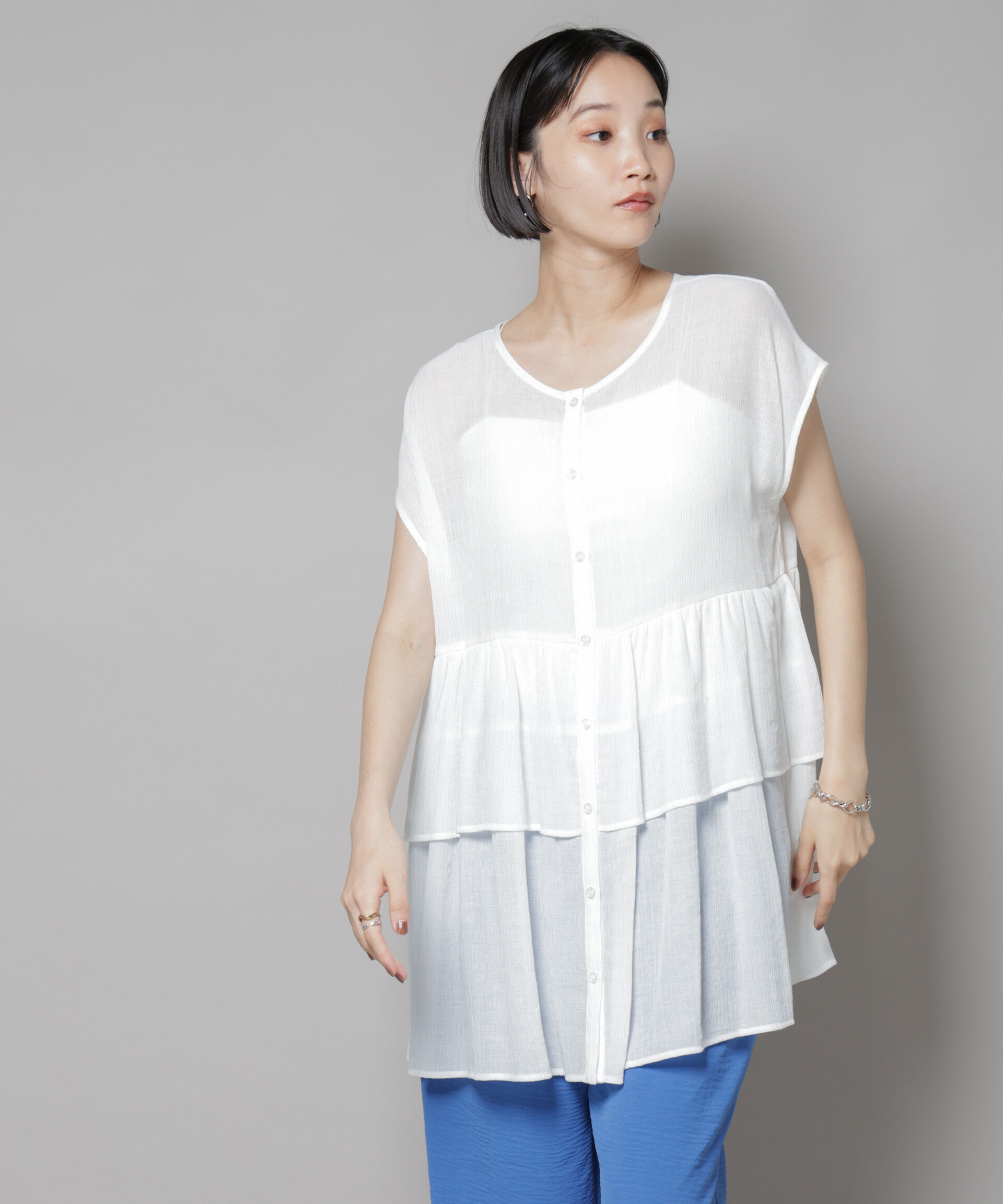 nano･universe「前後2wayシアー楊柳ノースリーブティアードブラウス」|シャツ・ブラウス|