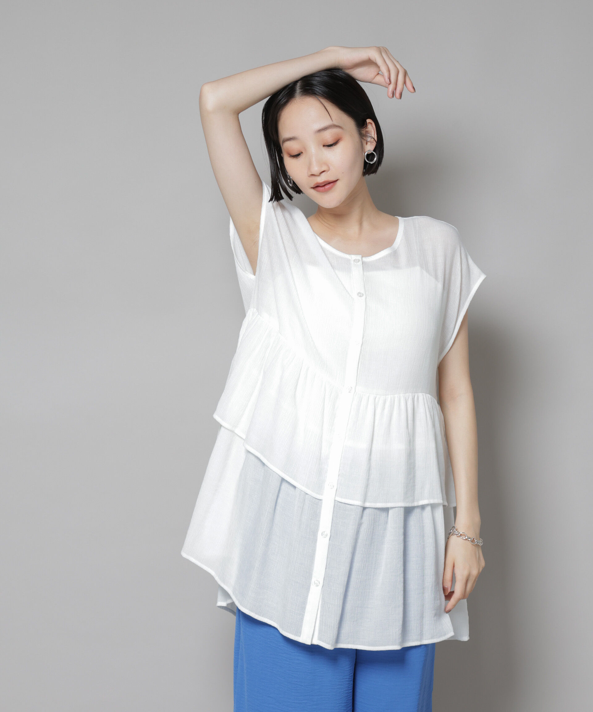 nano･universe「前後2wayシアー楊柳ノースリーブティアードブラウス」|シャツ・ブラウス|