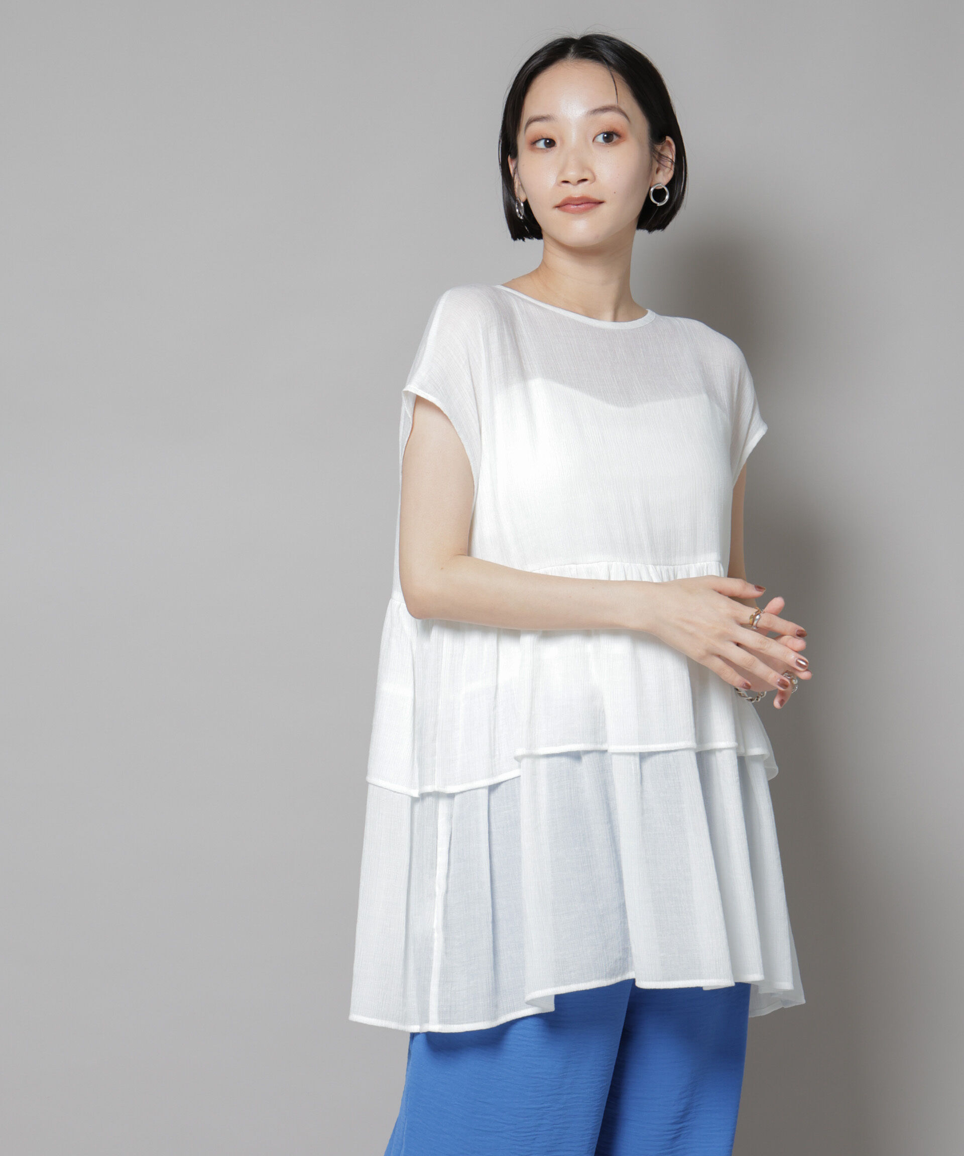 nano･universe「前後2wayシアー楊柳ノースリーブティアードブラウス」|シャツ・ブラウス|