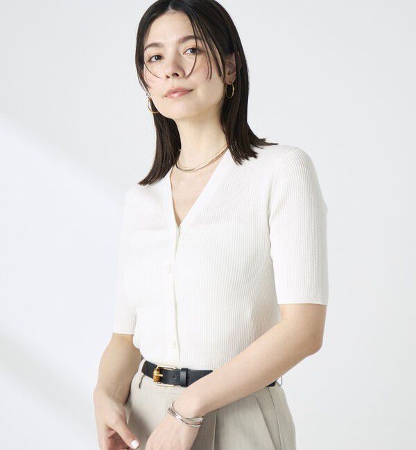 NOLLEY'S sophi「《手洗い可能》綿アセリブ半袖Vネックカーディガン」|カーディガン|ホワイト