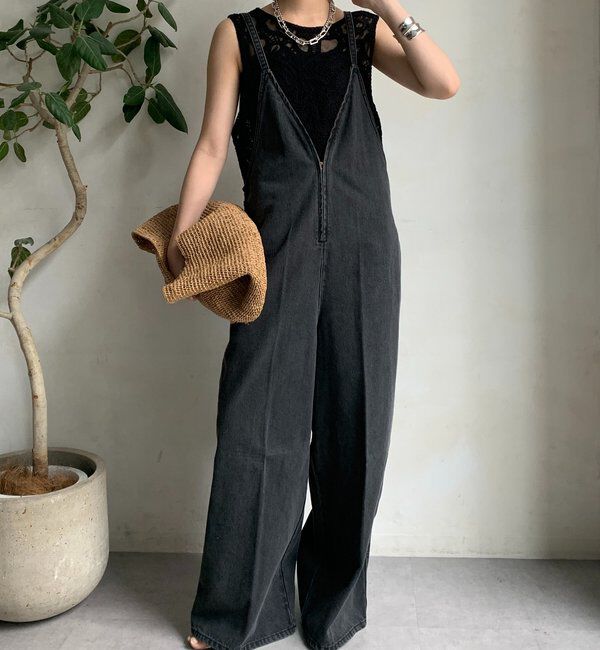  「細紐デニムフロントジップサロペット」|ワンピース|