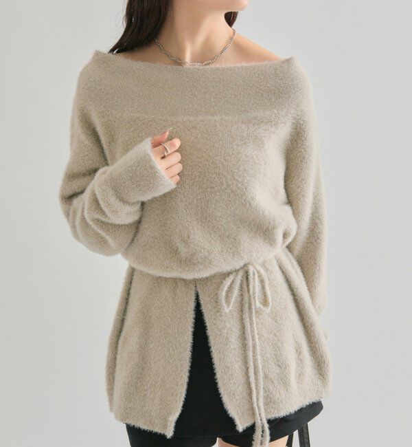  「ミンクライクワイドネックニット」|ニット・セーター|ベージュ