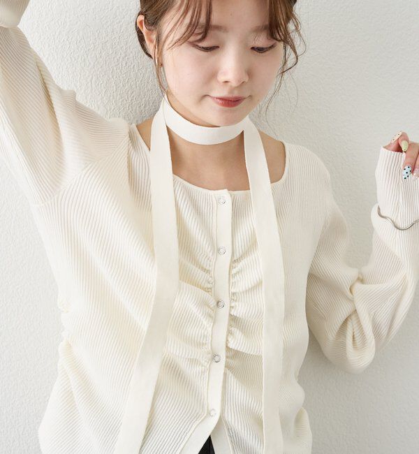  「タイ付きスクエアネックカーディガン」|カーディガン|