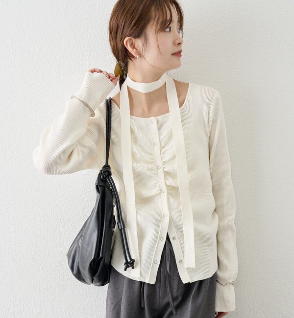  「タイ付きスクエアネックカーディガン」|カーディガン|