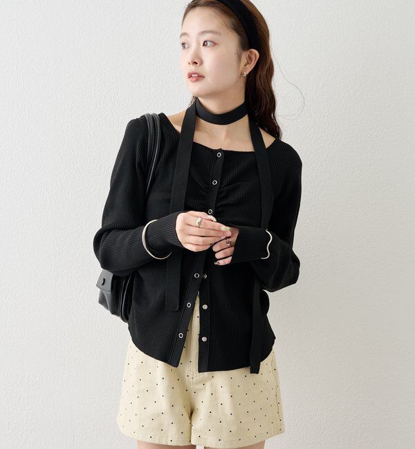  「タイ付きスクエアネックカーディガン」|カーディガン|