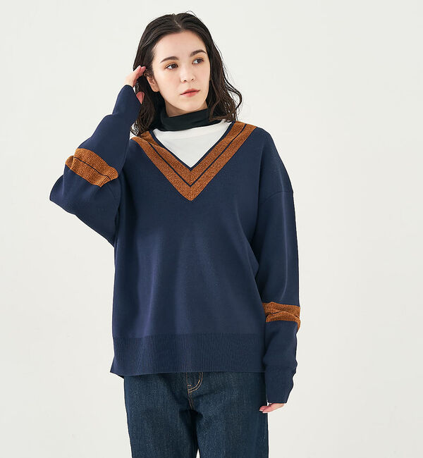 collex「配色ラインVネックニットプルオーバー」|ニット・セーター|ネイビー