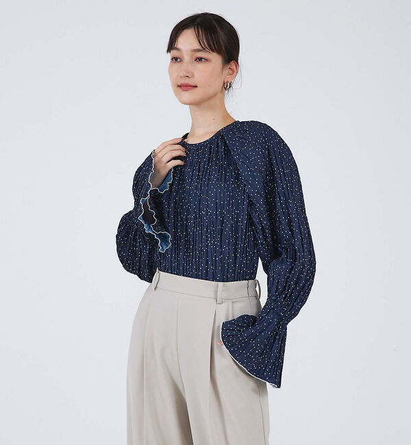 qualite「ドットプリーツブラウス」|シャツ・ブラウス|ネイビー