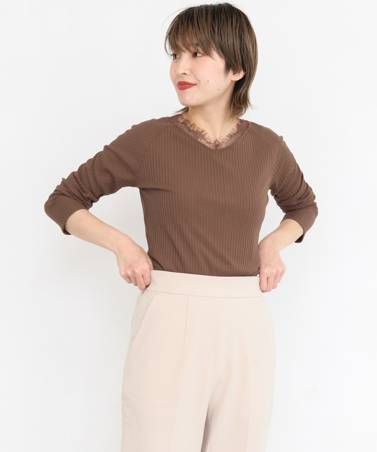  「レース付き裏起毛テレコトップス&there4;」|Tシャツ・カットソー|ブラウン
