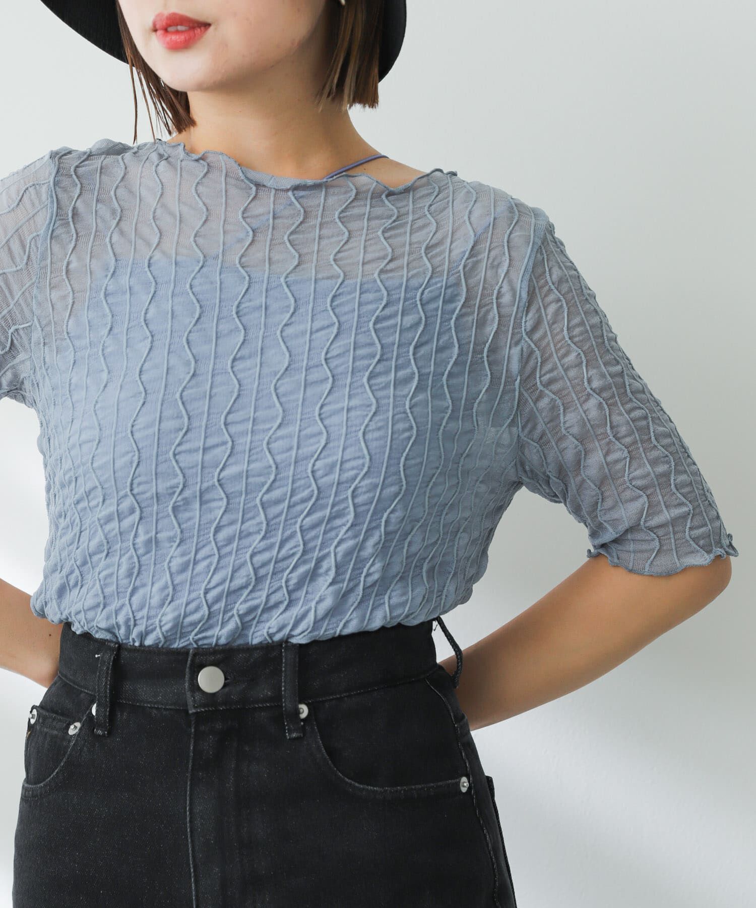 SENSE OF PLACE by URBAN RESEARCH「ウェーブパターンシアートップ(5分袖)」|Tシャツ・カットソー|