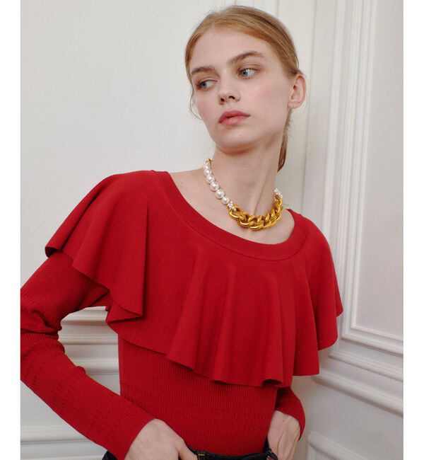 LOULOU WILLOUGHBY「【LOULOU WILLOUGHBY】ラッフルオフショルプルオーバー」|ニット・セーター|