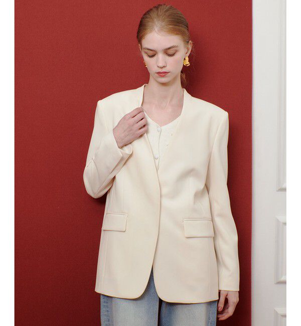 LOULOU WILLOUGHBY「【LOULOU WILLOUGHBY】ダブルクロスノーカラーリボンジャケット」|ノーカラージャケット|