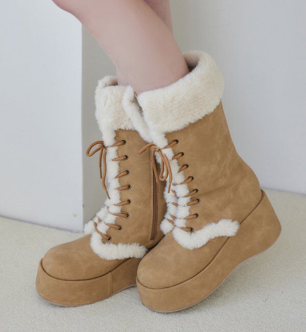  「マイナス３キロレースアップムートンブーツ」|その他|ベージュ