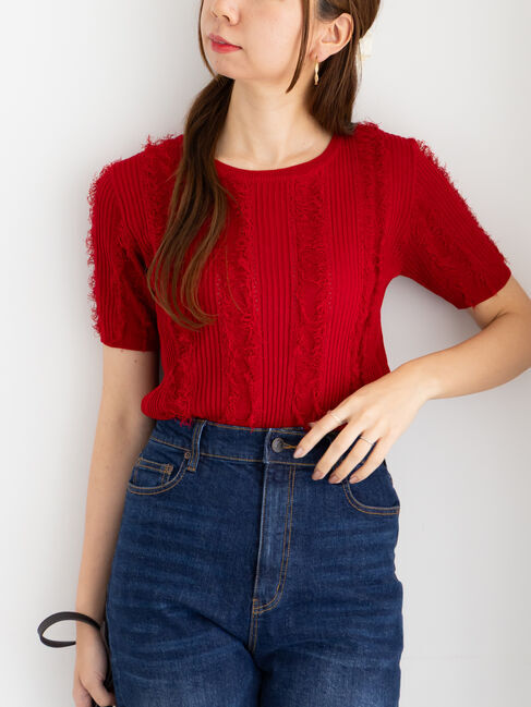 Te chichi「フリンジニットハーフスリーブトップス」|ニット・セーター|レッド