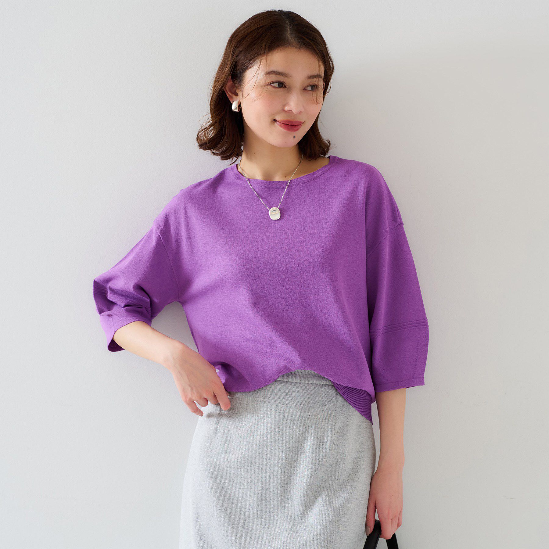 UNTITLED「【袖コンシャス/着映え/六分袖】ランタンスリーブニット」|ニット・セーター|パープル(081)