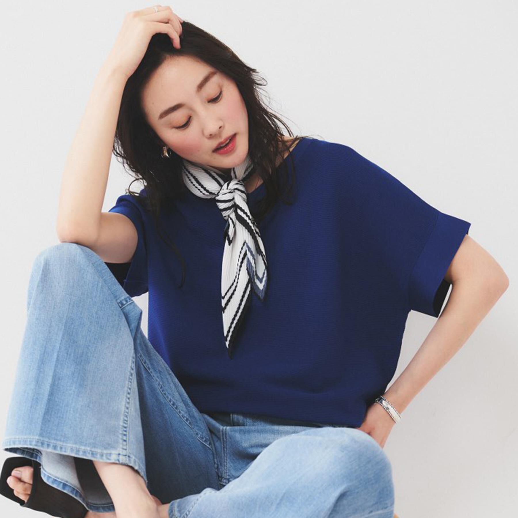 UNTITLED「【12色展開/体型カバー/2way】バウンドスリーブニット」|ニット・セーター|ブルー(093)