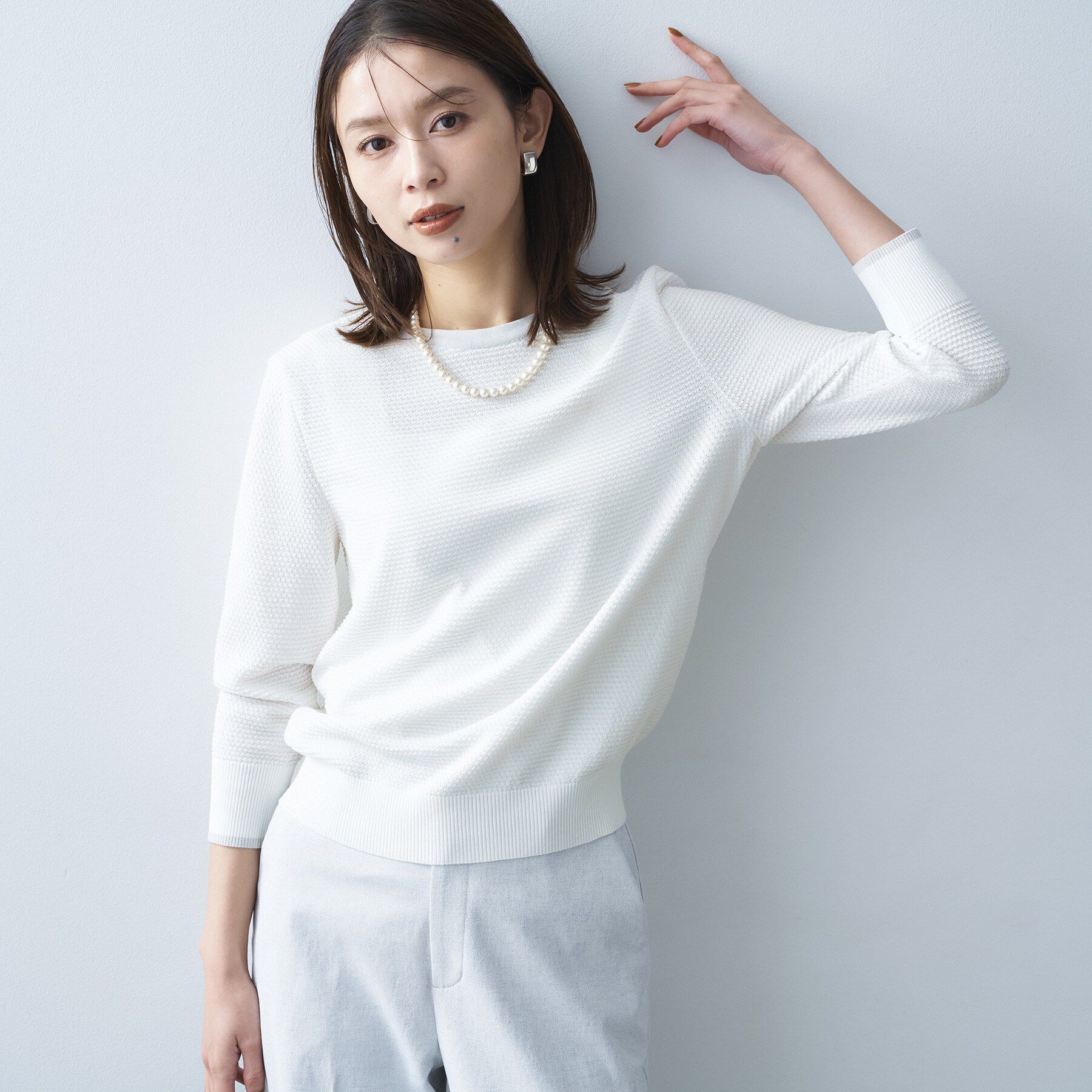 UNTITLED「【アンサンブル可/洗える】配色ハイゲージニットトップス」|ニット・セーター|ライトグレー(510