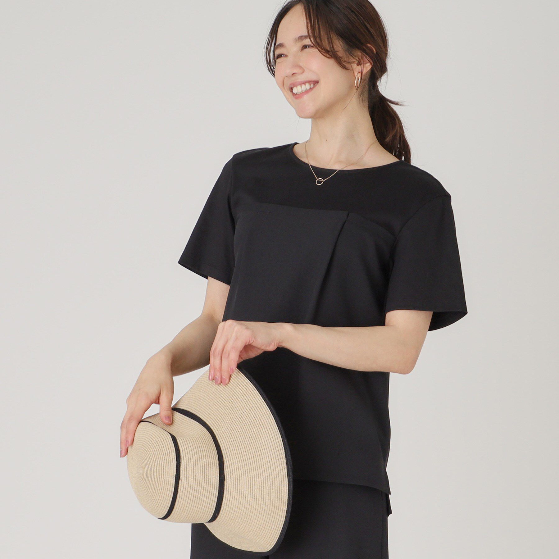 COUP DE CHANCE「【洗える／日本製／ビスチエレイヤード風／セットアップ可】異素材組合せのジャージプルオーバー」|Tシャツ・カットソー|ブラック(019)