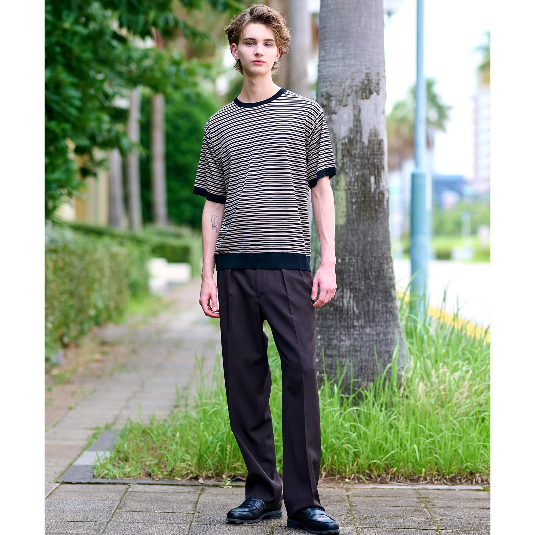 DRESSTERIOR「シルク混ボーダーハーフスリーブニットT」|ニット・セーター|