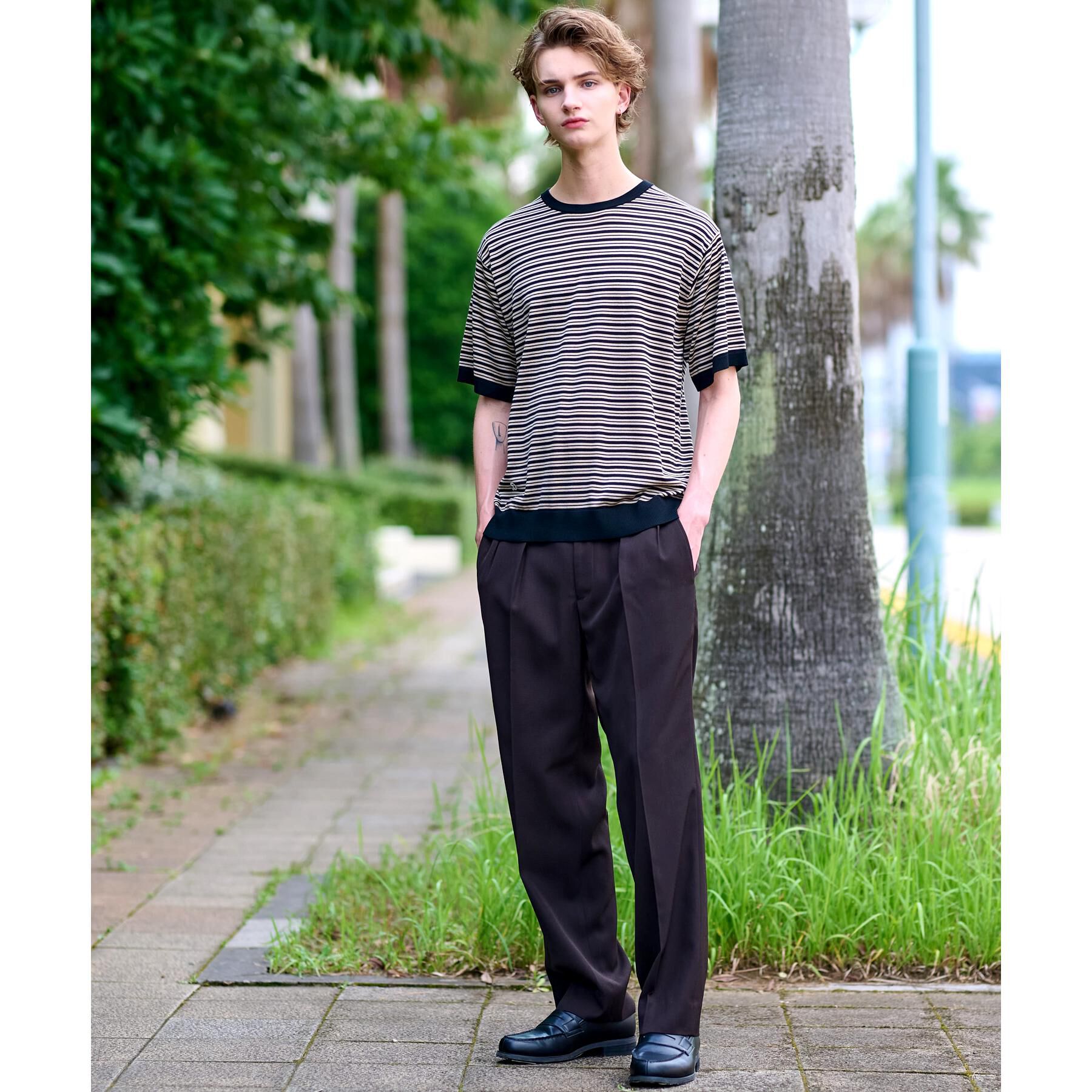 DRESSTERIOR「シルク混ボーダーハーフスリーブニットT」|ニット・セーター|