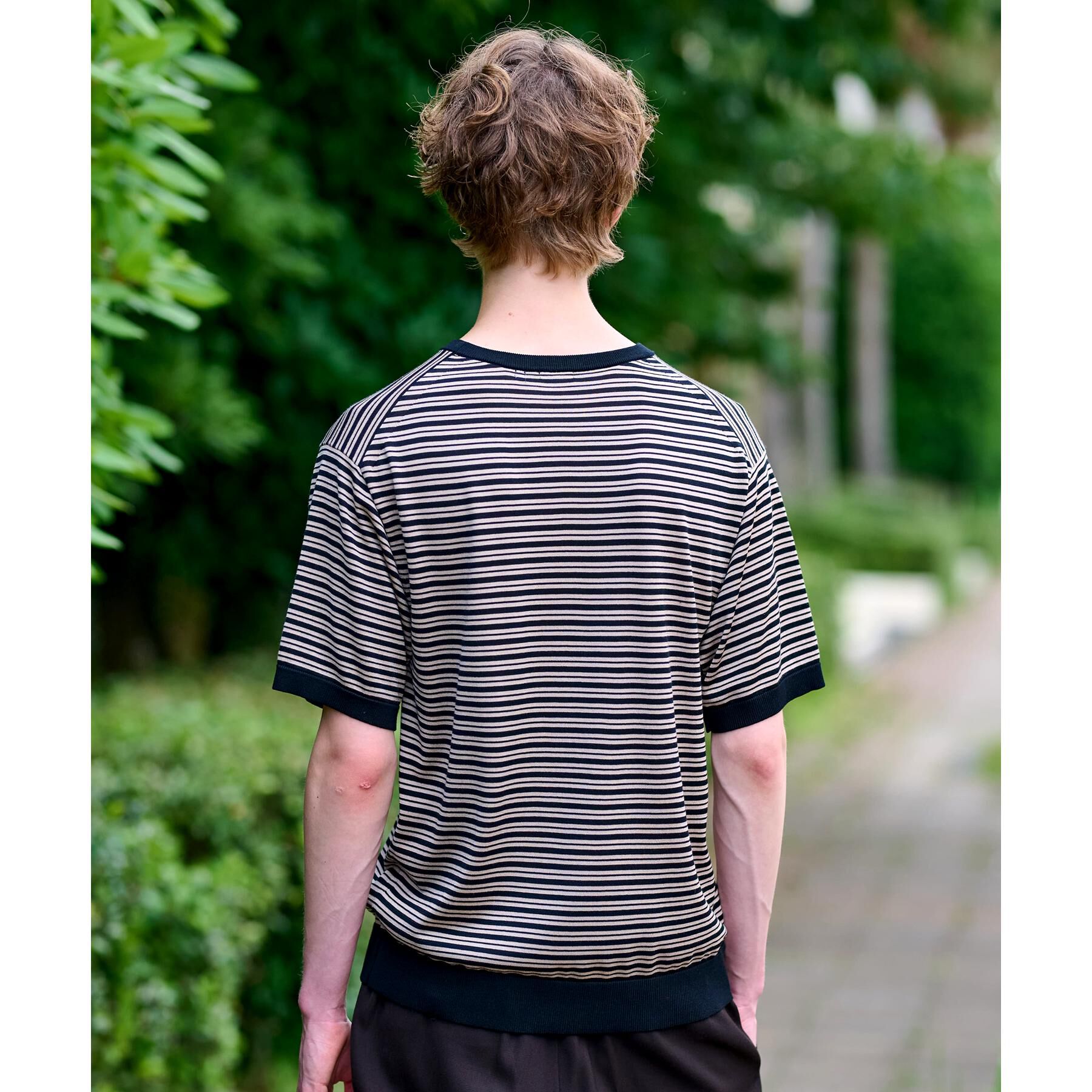 DRESSTERIOR「シルク混ボーダーハーフスリーブニットT」|ニット・セーター|