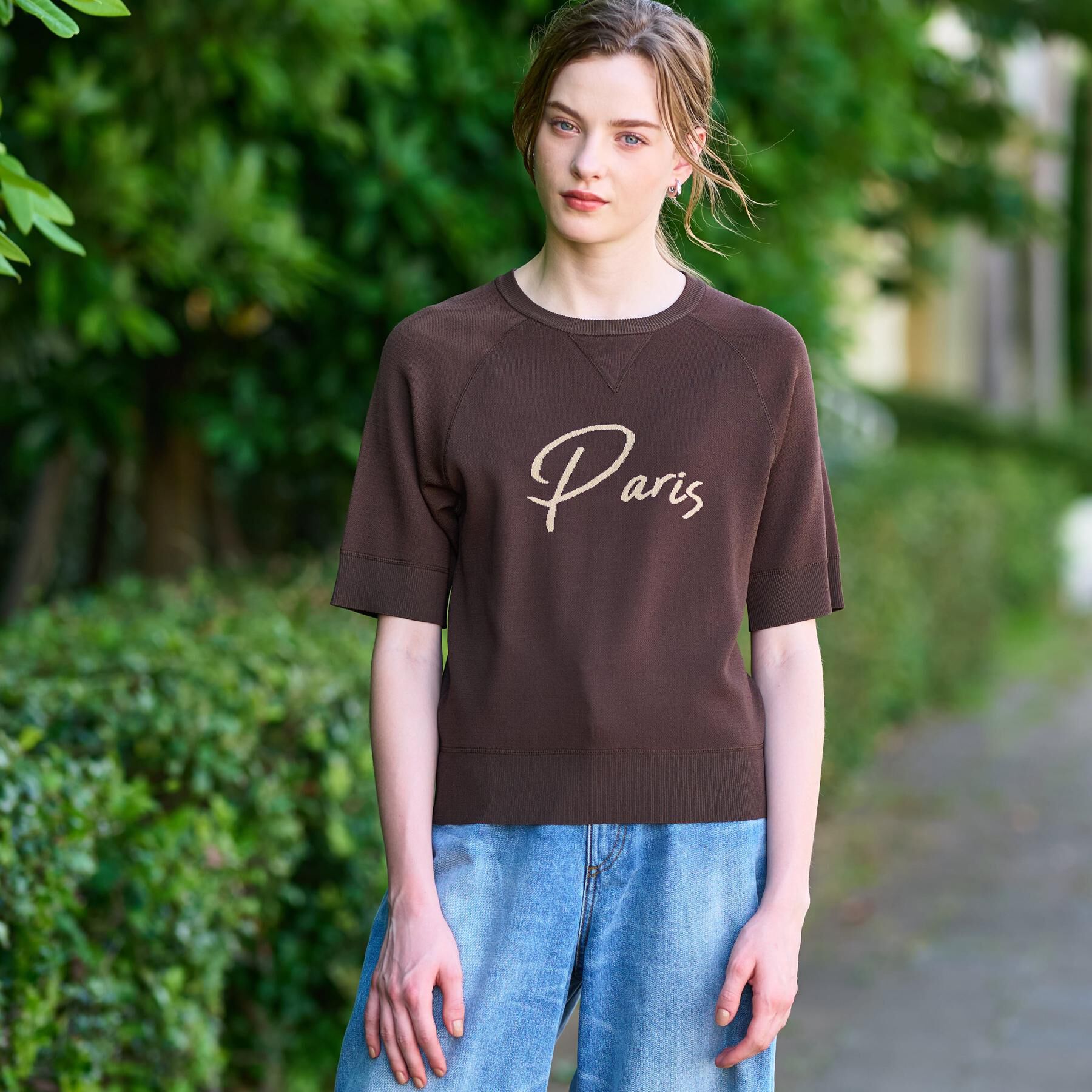 DRESSTERIOR「【洗える/オリジナルロゴ】Parisハーフスリーブジャカードニット」|ニット・セーター|