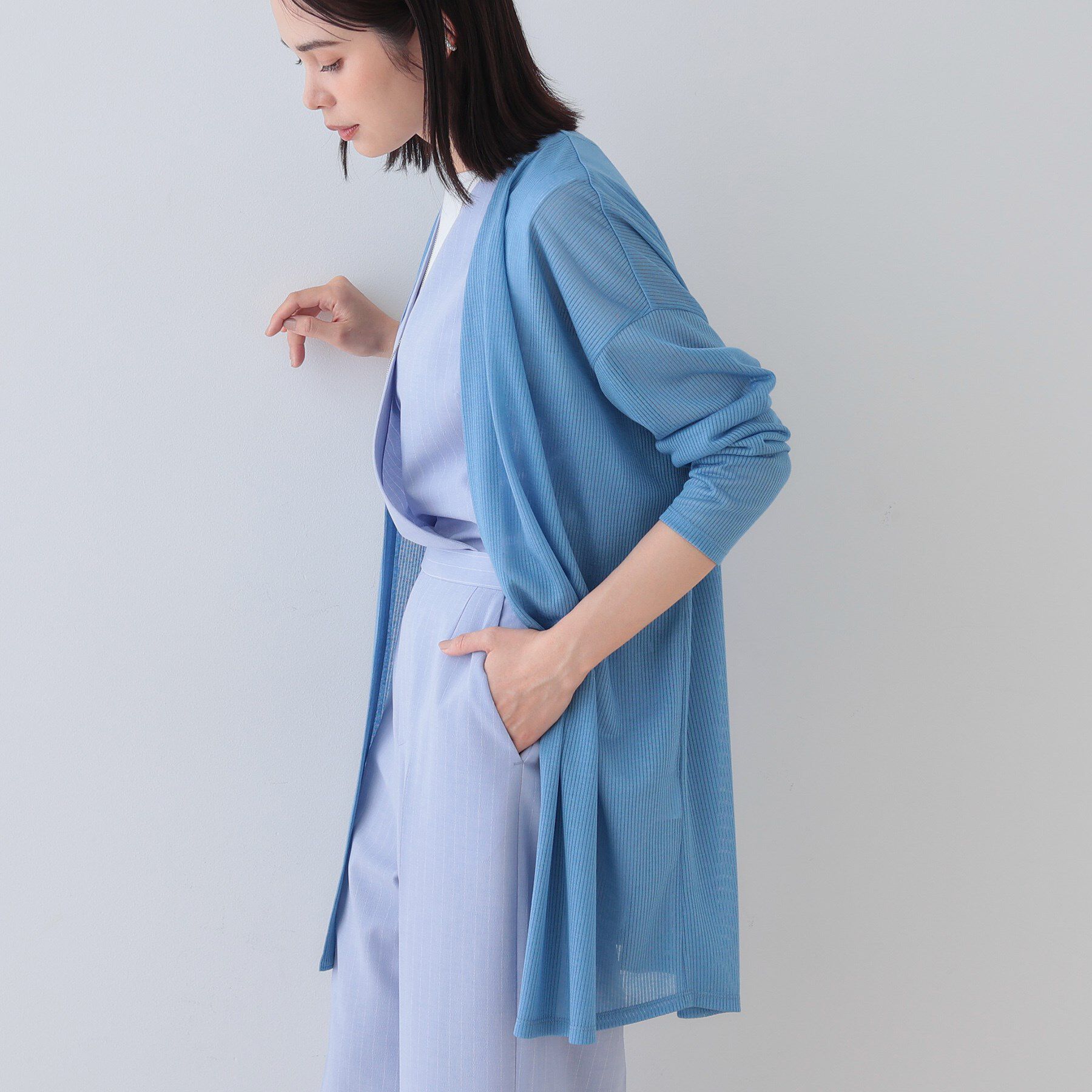 INDIVI「【洗える／シアーストライプ】ロング丈着流しカーディガン」|カーディガン|