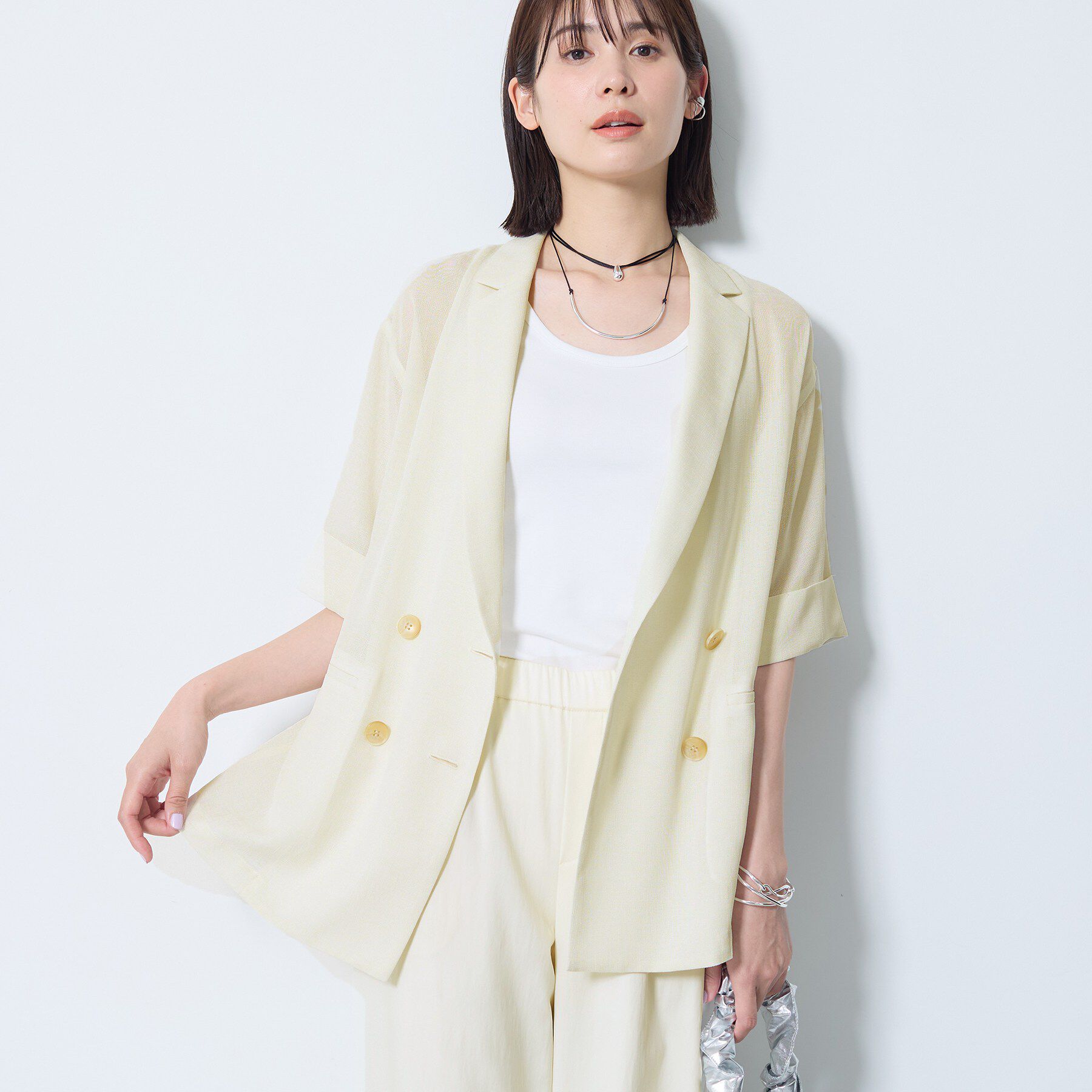 INDIVI「【洗える／メッシュ素材／SETUP可能】半袖シアージャケット」|テーラードジャケット|オフホワイト(003