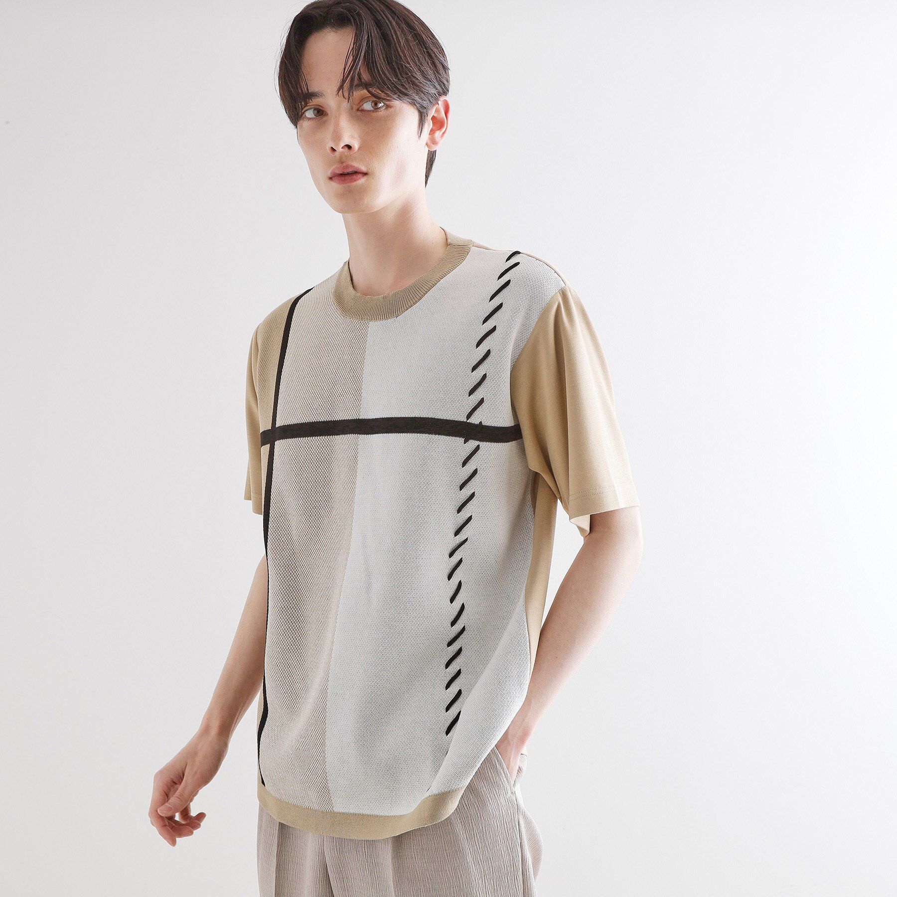 tk.TAKEO KIKUCHI「ニットドッキングクロスオーバー」|Tシャツ・カットソー|ベージュ(052)