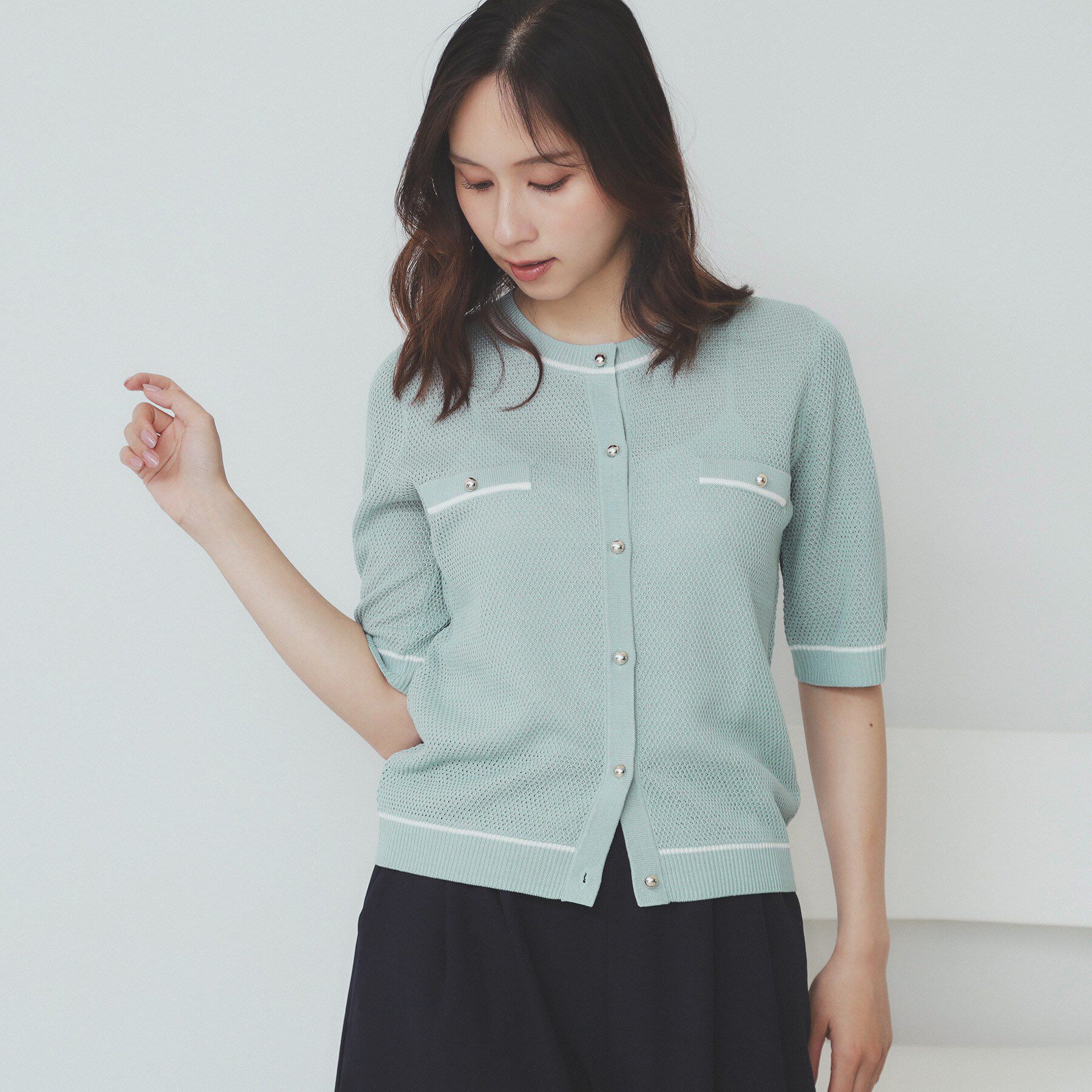 index「バイカラー半袖カーディガン【洗える/抗ピル】」|カーディガン|ミントグリーン(52