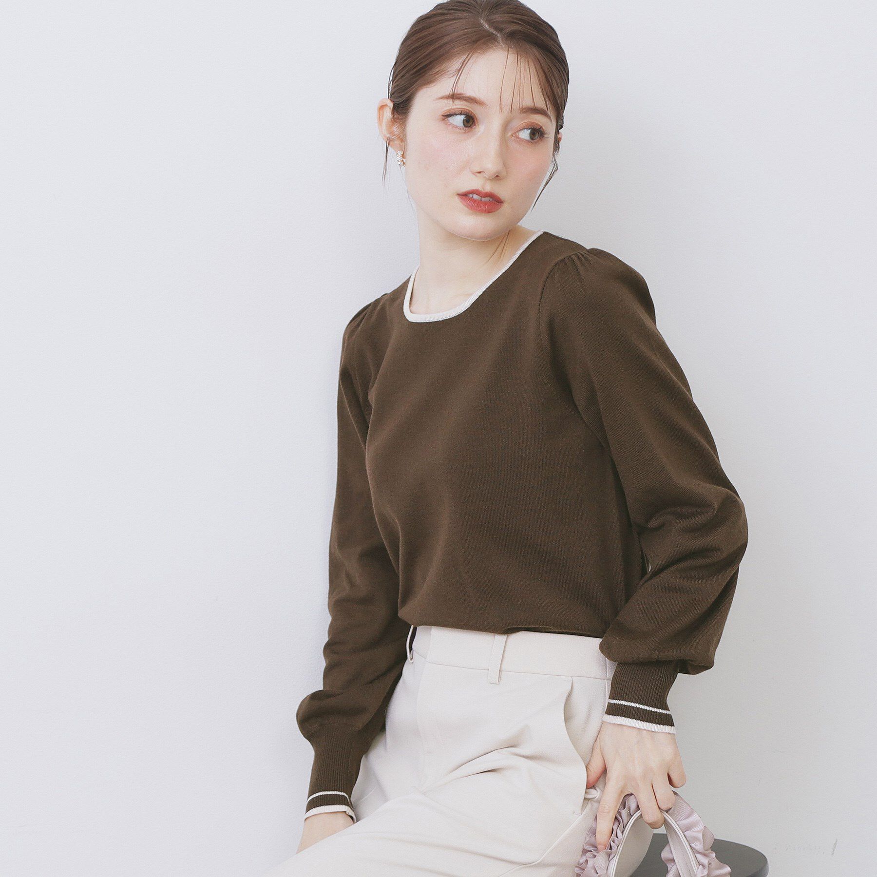 index「バイカラーパフスリーブニット【洗濯機OK】」|ニット・セーター|ブラウン(544)