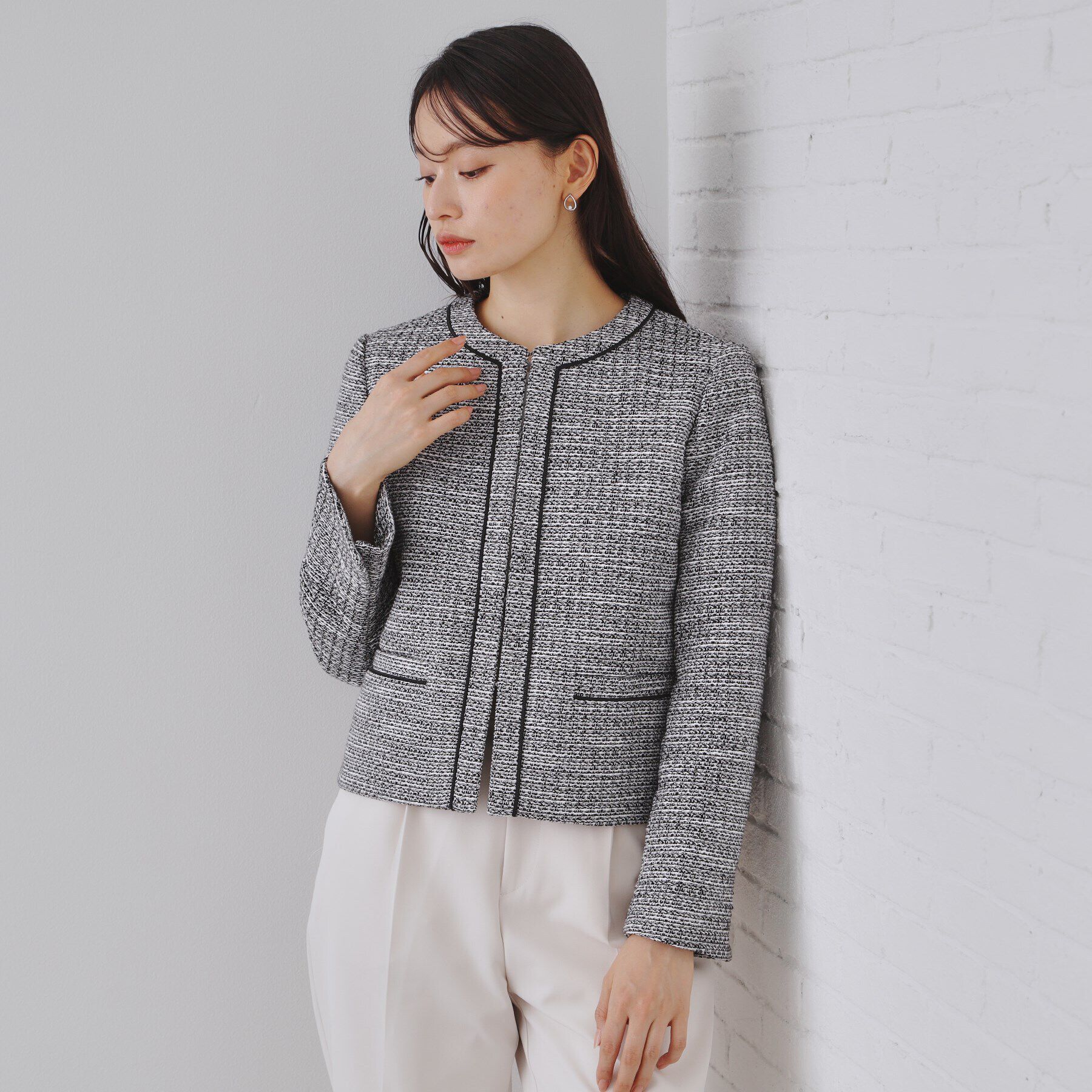 OPAQUE.CLIP「《通勤対応》コットンツイードジャケット」|ノーカラージャケット|