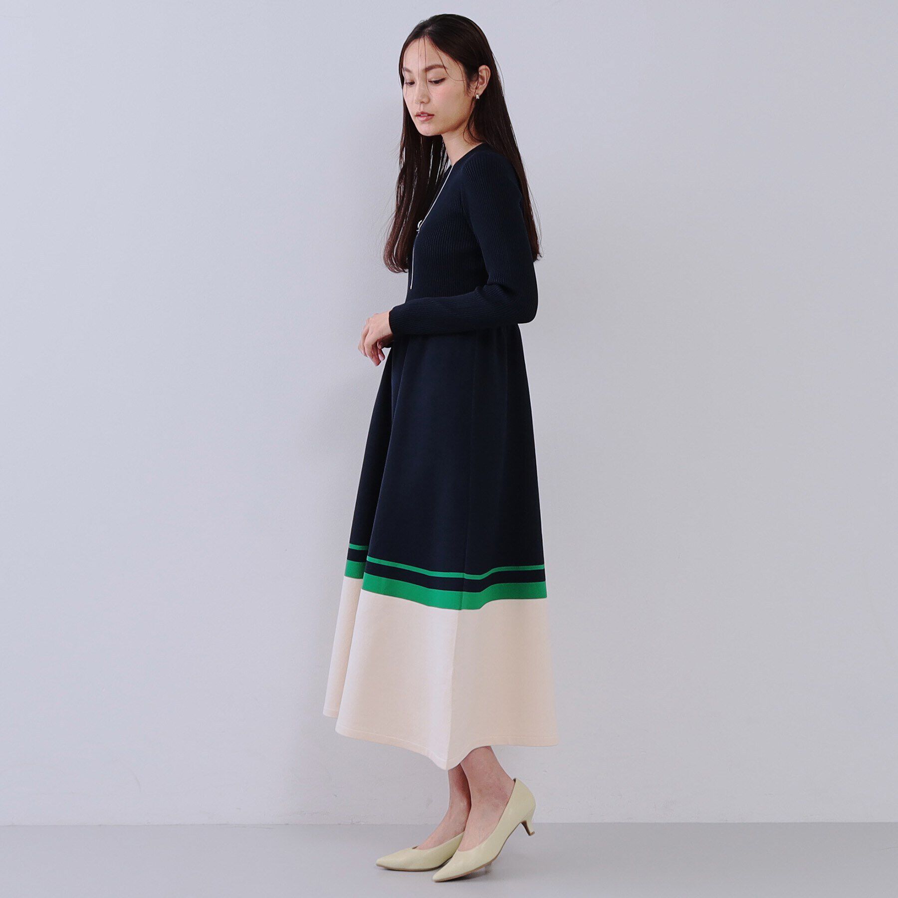 OPAQUE.CLIP「配色ラインフィット＆フレアニットワンピース【洗濯機洗い可/抗ピル】」|ワンピース|