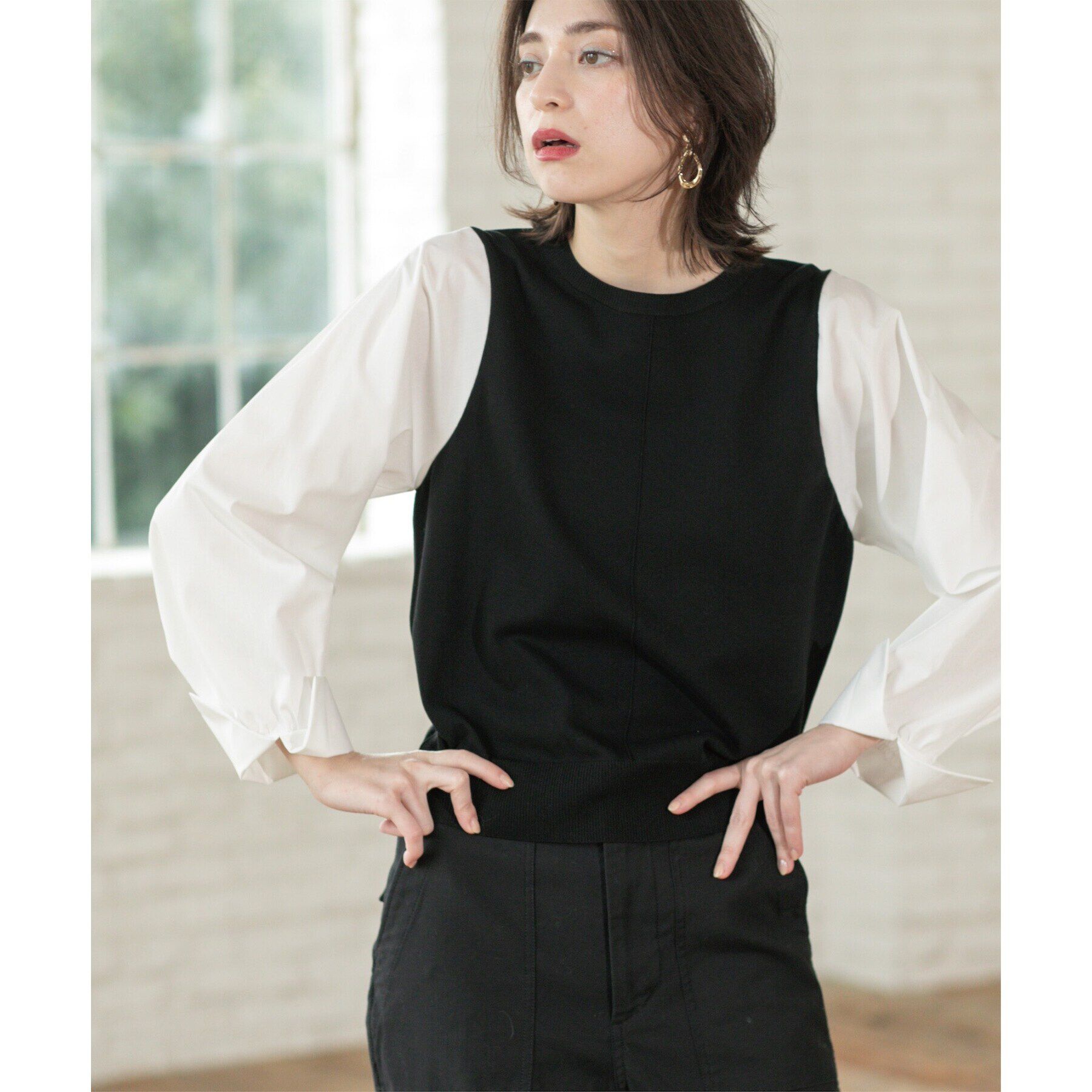 OPAQUE.CLIP「フハクボリュームスリーブドッキングニット【洗濯機洗い可】」|ニット・セーター|ブラック(519)