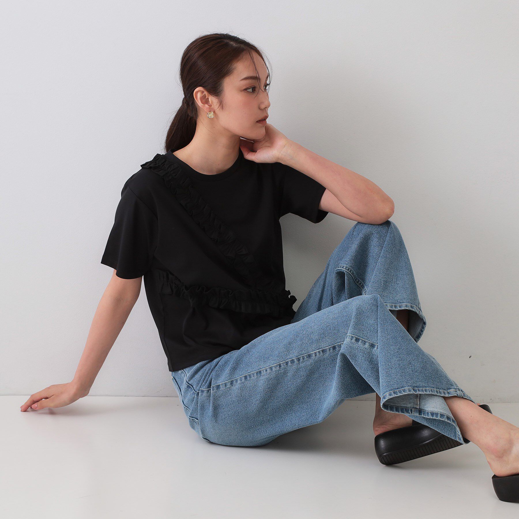 OPAQUE.CLIP「《美人百花掲載》アシメフリルドッキングカットソー【洗濯機洗い可】」|Tシャツ・カットソー|