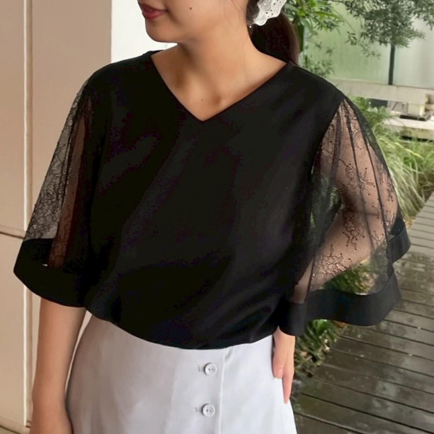 Couture broach「【マシンウォッシャブル・シアー・細見え】Vネック袖レースフレアブラウス」|シャツ・ブラウス|